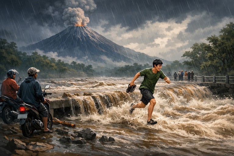 Banjir Lahar Semeru Meluap,Jembatan Limpas Gondoruso Sempat Tak Bisa Dilintasi Warga